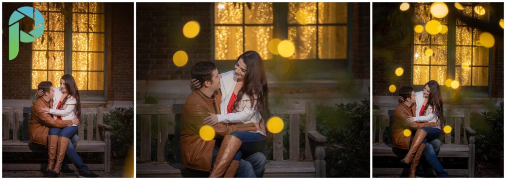 Engagement photographer captures engaged couple sitting on bench at Filoli in the San Francisco Bay Area at their holiday display.