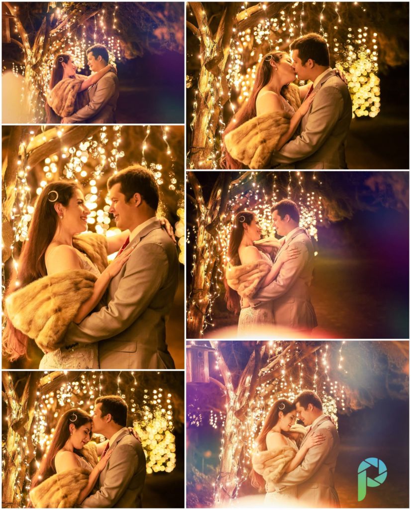 Photos of engaged couple taken in front of a tree with christmas lights by an engagement photographer at Filoli in the San Francisco Bay Area at their holiday display.