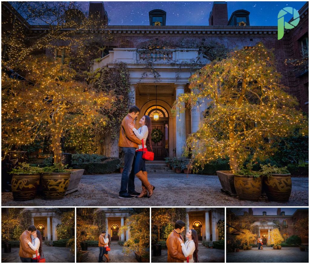 Engaged couple posing for engagement photo together in front of a house at Filoli in the San Francisco Bay Area at their holiday display.