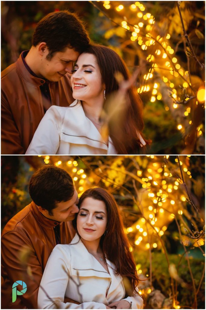 Portrait of engaged couple taken by engagement photographer at Filoli in the San Francisco Bay Area at their holiday display.