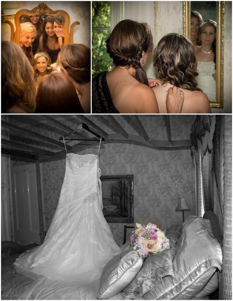 Wedding dress and photos with bridesmaids and mother durign wedding at Heirloom Inn in Ione California.