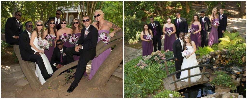 Wedding party portraits with sunglasses and posed at Heirloom Inn in Ione California.