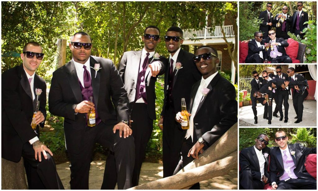 Groomsmen and groom drink beer, relax and play around prior to wedding ceremony at Heirloom Inn in Ione California.