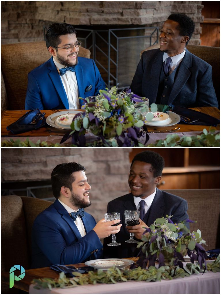 LGBTQ grooms posing for wedding couples photography at a styled shoot reception at Nakoma Inn in Clio California.