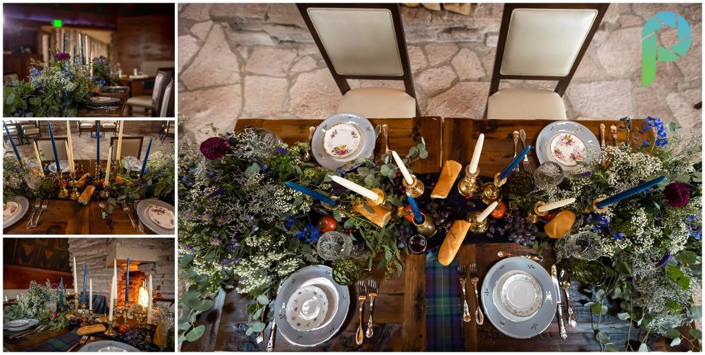 Styled table with candles, plates, flowers in an outlander themed wedding shoot.