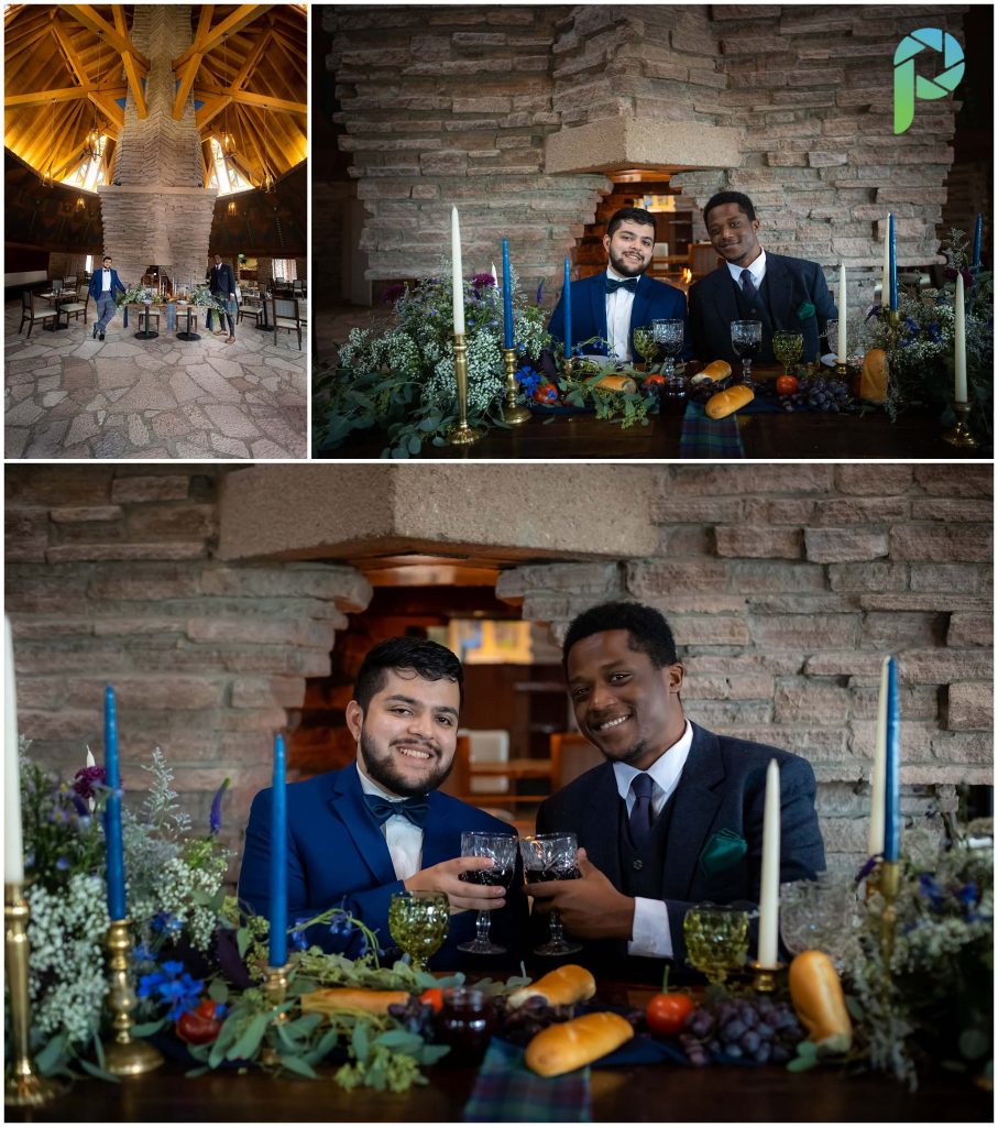 LGBTQ wedding photography couple posing for portraits while sitting at weddding reception table at Nakoma Inn in Clio California.