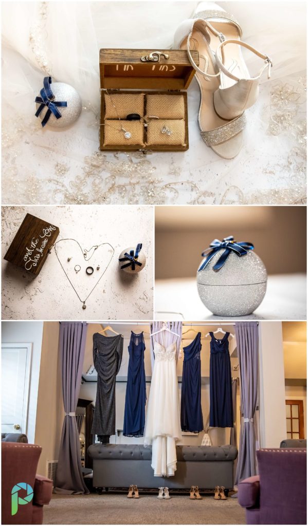 Details of wedding day, including the wedding dress and bridesmaids dresses hanging over the bed, jewelry and the shoes.