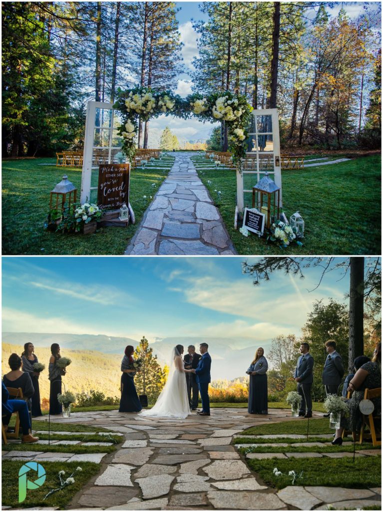 Wedding ceremony location used by forest house lodge brides and grooms, called grand sierra point. It features an alter, guest chairs and overlooks the sierra mountains.