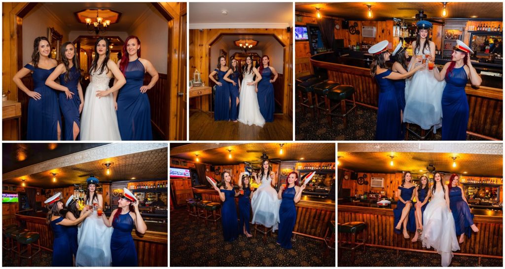 Bride and her bridesmaids have fun at the bar with sailor hats at forest house lodge during the reception.
