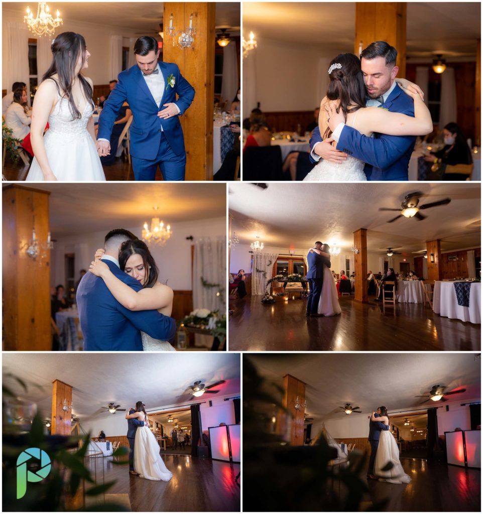 Bride and groom attend reception and enjoy their first dance.