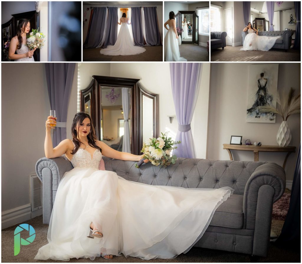 Bride poses for some solo wedding pictures at forest house lodge before she leaves for her ceremony.