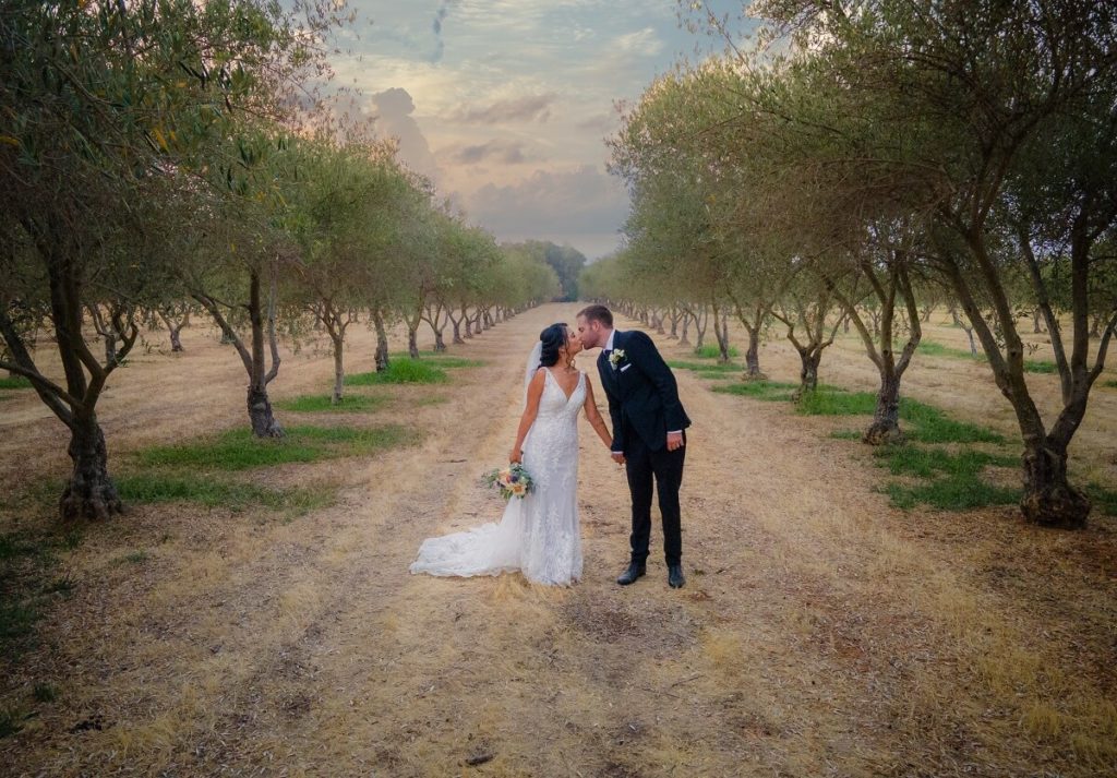 Bride and groom kiss in vineyard at wolfe heights event center.  One of the best outdoor wedding venues in Sacramento.